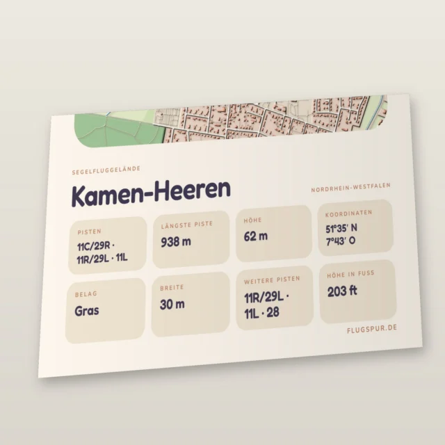Poster Kamen-Heeren im Stil Clay: Detailansicht von Name, Kennung, Piste und Koordinaten
