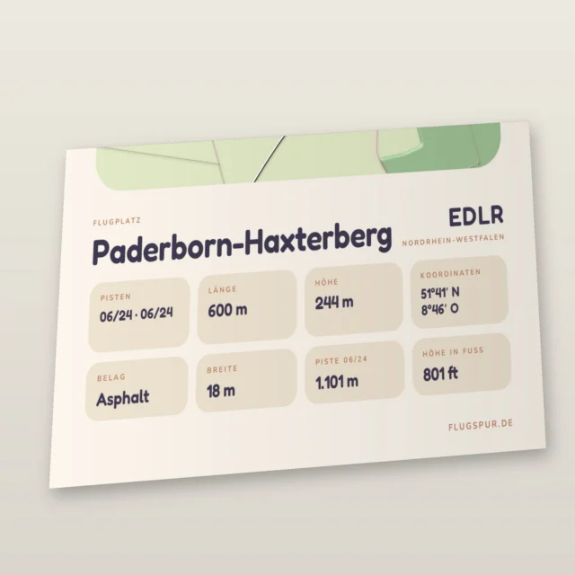Poster Flugplatz Paderborn-Haxterberg (EDLR), Stil Clay: Detailansicht mit Name, Kennung, Pistendaten und Koordinaten