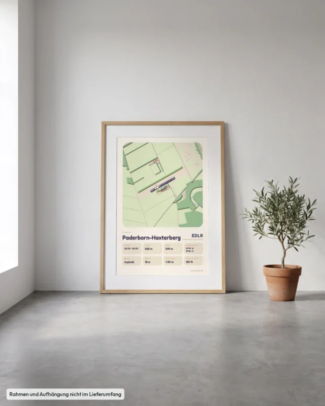 Poster Flugplatz Paderborn-Haxterberg (EDLR) gerahmt, an die Wand gelehnt, Stil Clay
