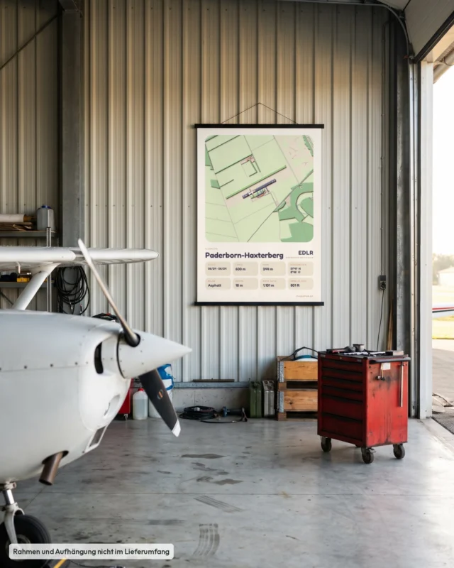 Poster Flugplatz Paderborn-Haxterberg (EDLR) im Hangar, Stil Clay