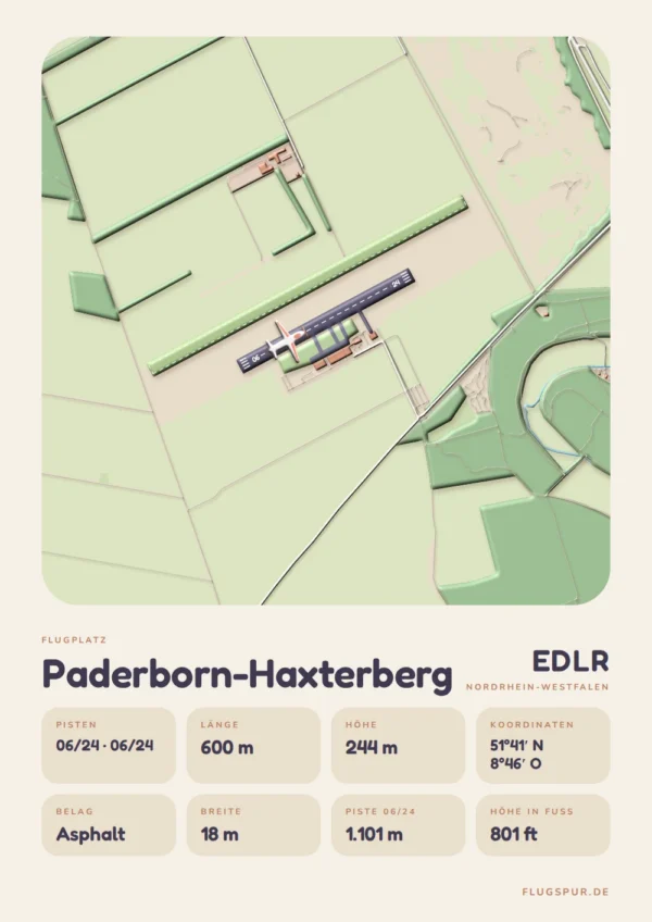 Poster Flugplatz Paderborn-Haxterberg (EDLR), Stil Clay: Karte mit Pisten und Umgebung