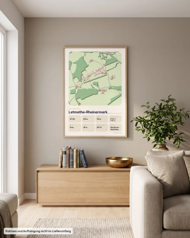 Poster Letmathe-Rheinermark im Stil Clay: Wohnzimmer – Sideboard mit Fliegerbüchern, Eiche