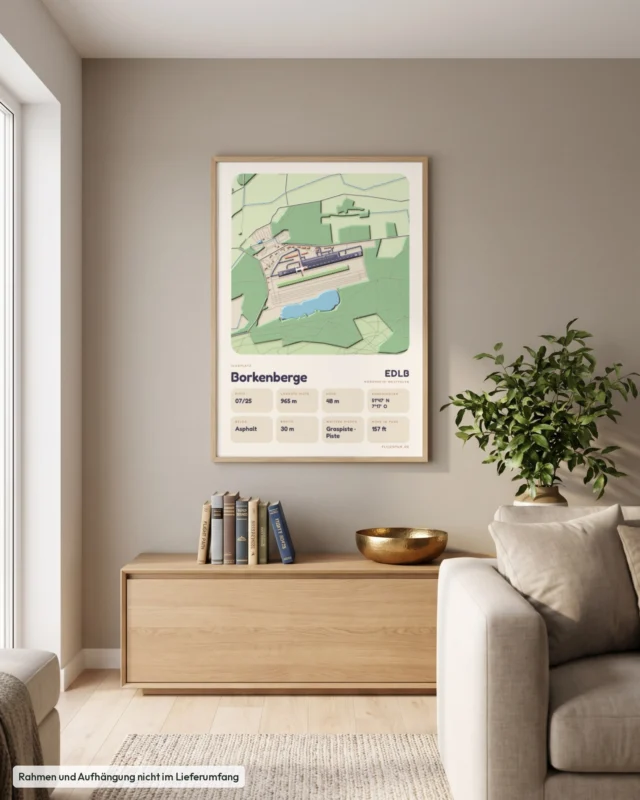 Poster Borkenberge im Stil Clay: Wohnzimmer – Sideboard mit Fliegerbüchern, Eiche